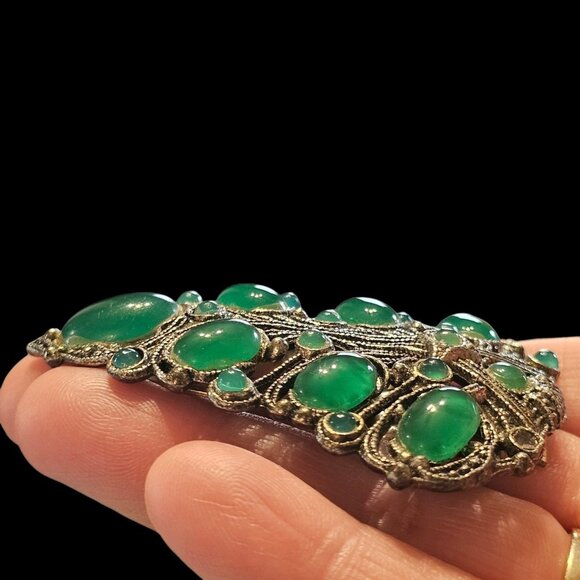 VTG Art Deco Green Leaf Cabochon Dress Clips Silver Tone 1930s 40s? Estate - Picture 4 of 12